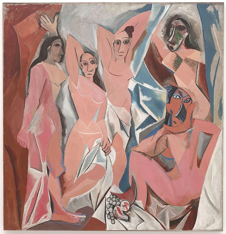 Picasso's Les Demoiselles d'Avignon: five angular nude women with mask-like faces in a fractured, proto-Cubist style